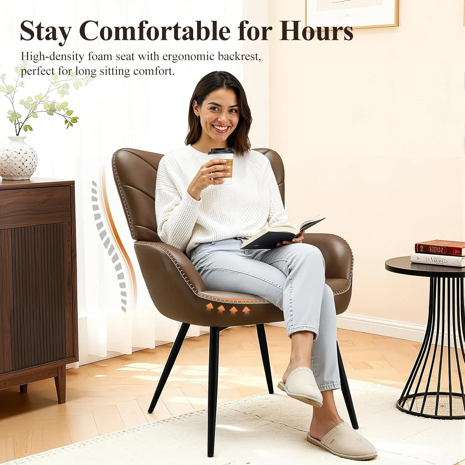 Mid-Century Faux Leather Accent Chair Curved Back Cushion Metal Legs Lounge Chair Living Room Bedroom 2-Pack, Customized
