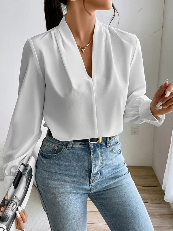 Krismile Women Casual White Shirts & Blouses Long Sleeves Loose Pleated Split-Joint V-Neck Blouses Blusas Elegante Feminina Tops