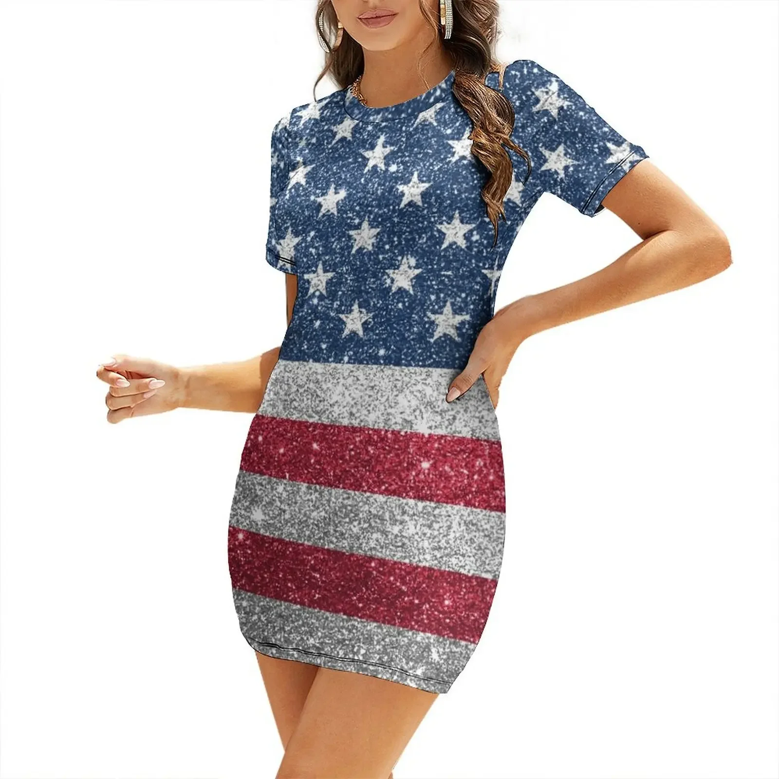 

Patriotic Glitter American Flag Short-Sleeved Dress dress party evening elegant luxury celebrity summer dresses women 2026