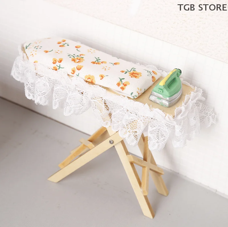 1:12 Wooden Ironing Board Mini Flat Iron Furniture Model Sewing Life Dollhouse Miniature Scene Decor Toy Micro Scene Props