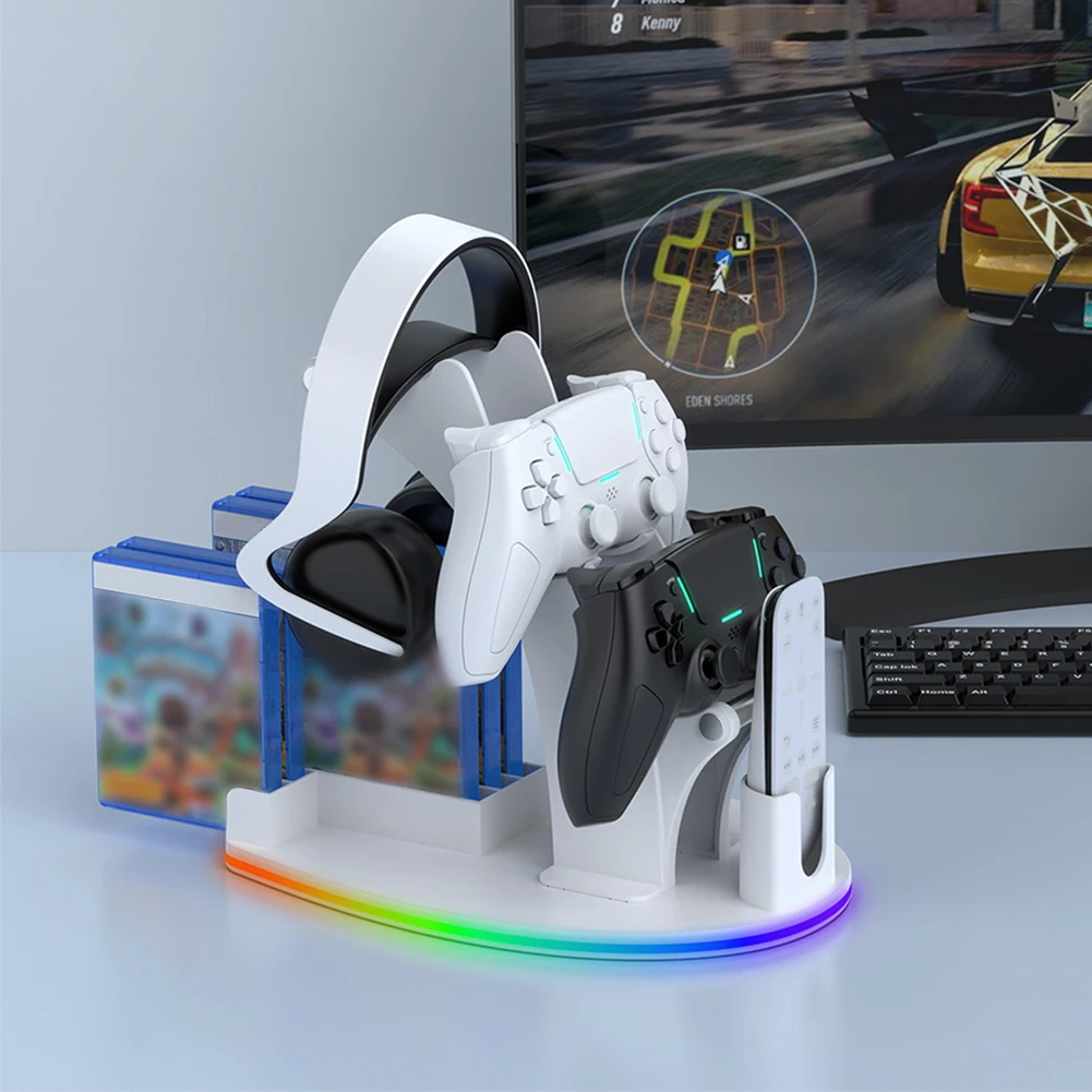 أقراص ألعاب التحكم عن بعد RGB دعامة تثبيت للتخزين مع منظم حامل سماعة الرأس وحامل عرض لجهاز PS 5 للبلاي ستيشن 5