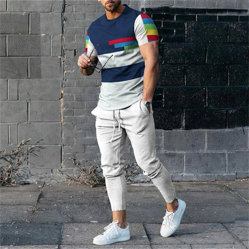 Fashion Men Tracksuit T-Shirt 2 Piece Set Short Sleeve Sportswear Suits Men Clothing Trousers Casual O-Neck Tops Pant Streetwear