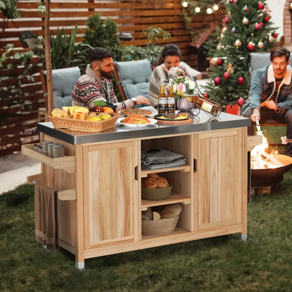 Solid Wood Outdoor Table and Storage Cabinet, 59.64’’L x 23.62’’W Movable Grill Table with Stainless Steel Top