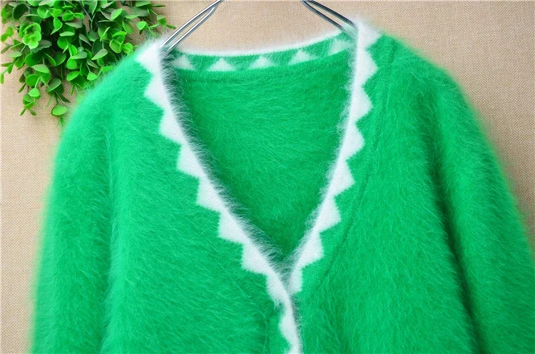 Ladies Women Elegant Casual Colored Green Mink Cashmere Knitted Long Sleeves Loose Cardigan Mantle Angora Jacket Coat Sweater