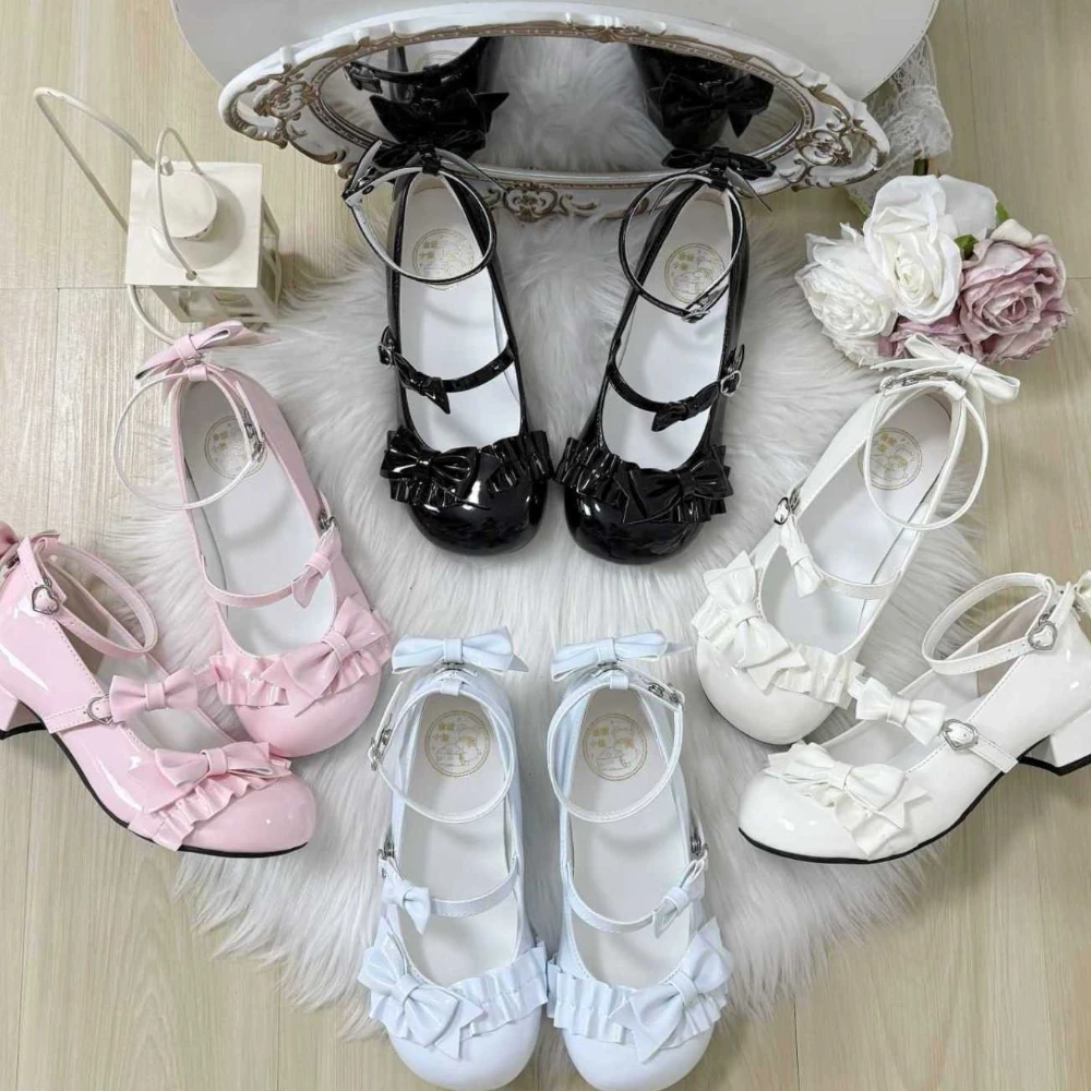 Mary Jane Lolita Shoes Round Head Cute Bow Low Heel Pumps Summer Pink Leather Elegant Platform Shoes Flat