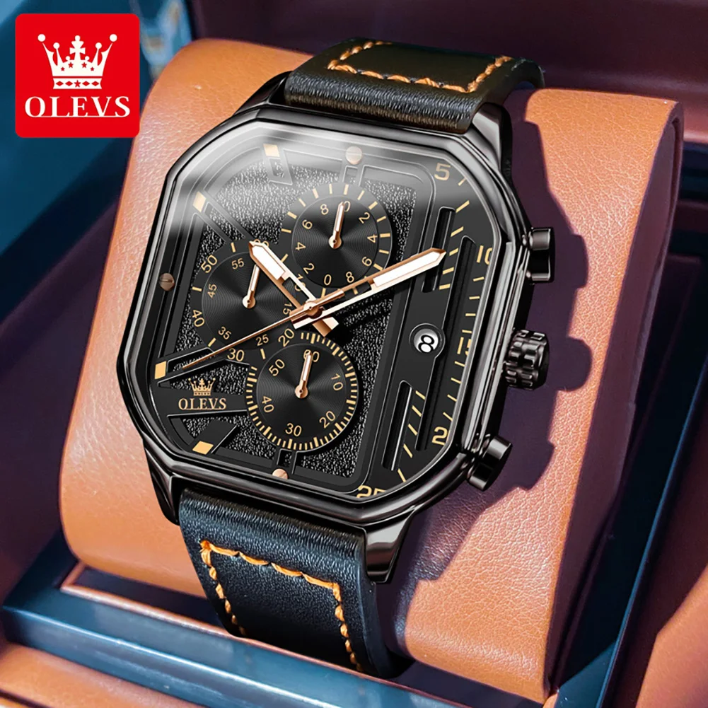 

OLEVS Top Brand New Luxury Quartz Watch for Men Leather Strap Waterproof Luminous Date Chronograph Sport Square Wristwatch