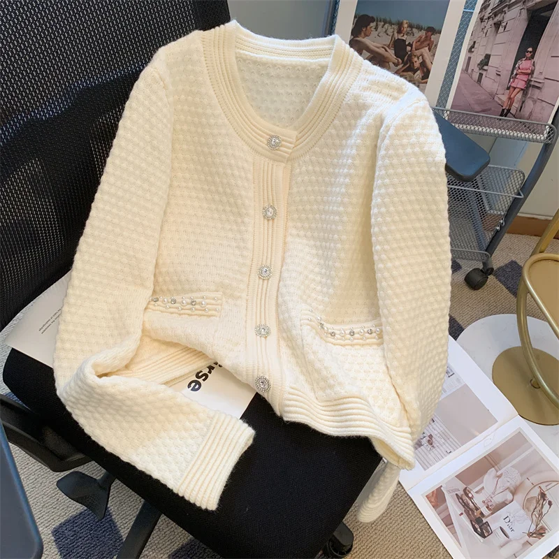 Stylish V-neck Diamond Knit Cardigan Sweater Women 2023 Autumn Long Sleeve Single-breasted Tops Vintage Elegant Ladies Jumpers