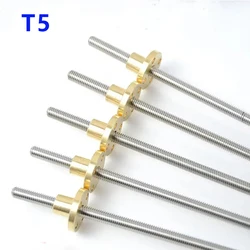 T5 Lead Screw 304 Stainless Steel Pitch 1mm Diameter 5mm Length 100/150/200/250/300/350/400/500/550mm Lead Screw with Brass Nut
