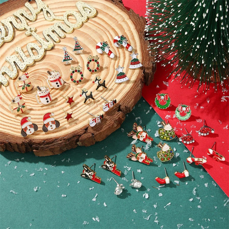 

Christmas Dainty Elk Rhinestone Stud Earrings for Women Cute Dog Beverage Gingerbread Bowknot Zircon Earring Party Jewelry Gift