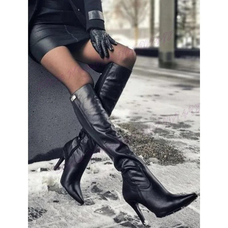 Estiletes de couro fosco para mulheres, botas sexy altas no joelho preto, sapatos de festa de salto alto, 2024