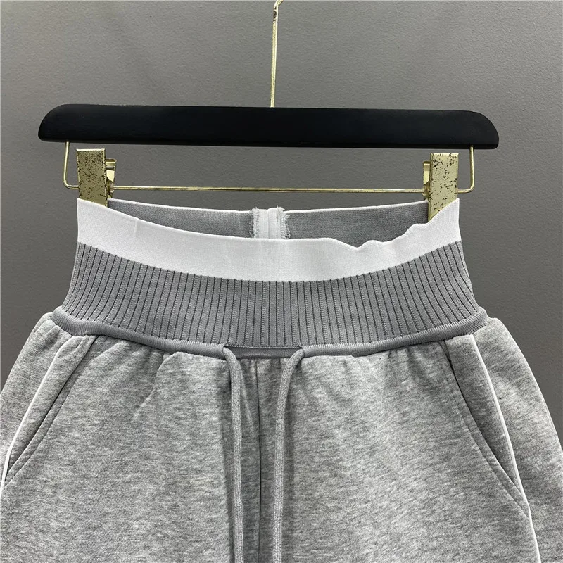 여성용 고탄성 허리 반바지, 드로스트링 대비 색상, A 라인 와이드 레그 스웻팬츠, 스포츠 캐주얼 패션, 여성 의류