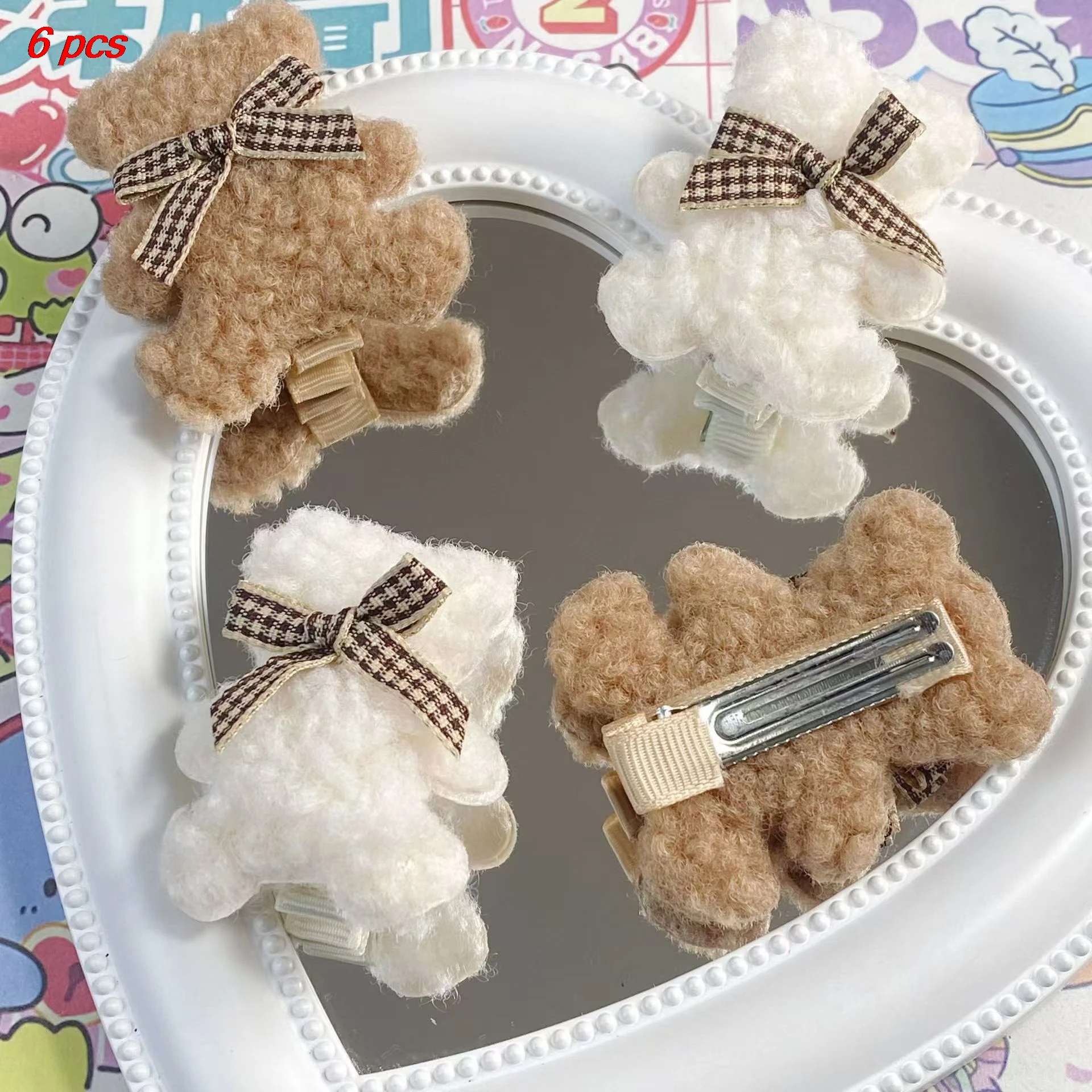 

6 Pcs Ladies' Hair Clips Set creative Cute Cartoon Plush Bear Kawaii Funny Sweet Bow Hair Pins High-quality Hair Accessories
