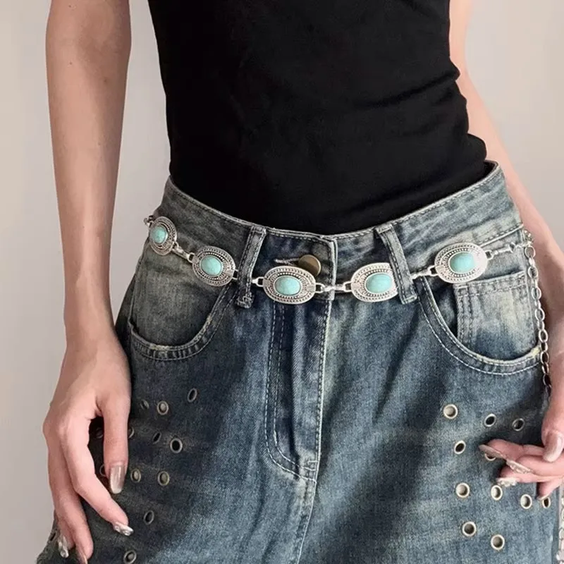 1pcs ladies' waist chain 2025 new American vintage turquoise belt, small group accessory with a sense of fashion design, suitabl