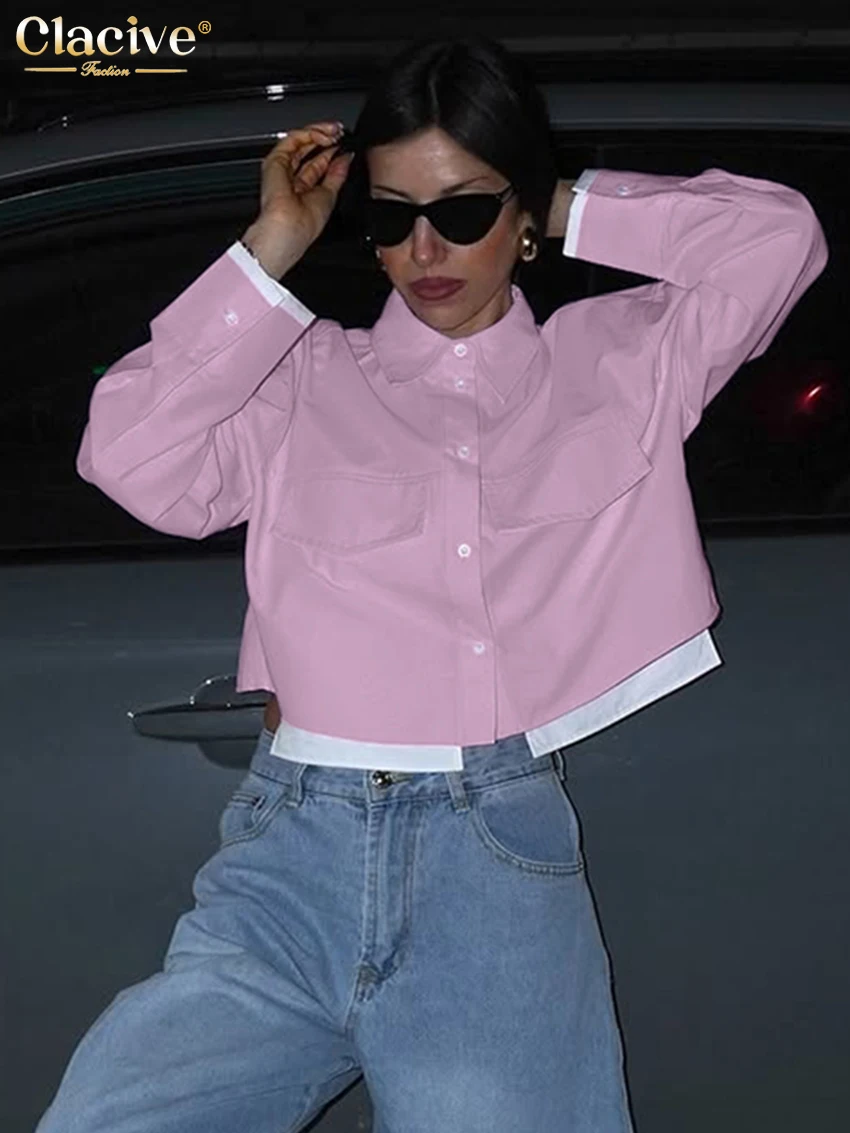 Clacive Fashion Loose Pink Women's Shirt 2025 Casual Lapel Long Sleeve Shirts Elegant Classic Patchwrok Top Female Clothing