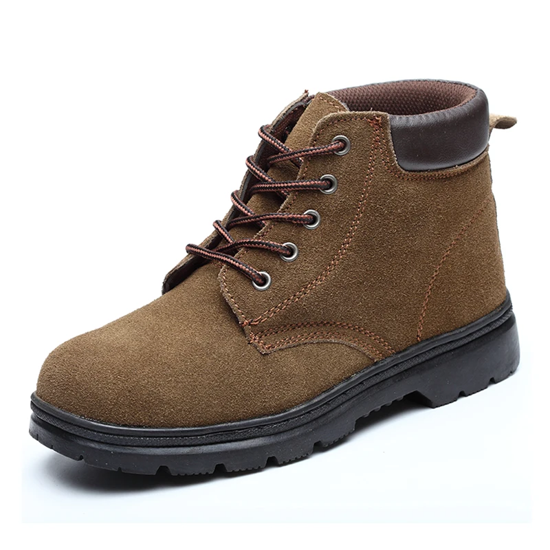 Botas de trabajo informales para hombre, zapatos con punta de acero y cuero vacuno, botas de seguridad marrones para otoño e invierno, botas de seguridad para el tobillo para trabajador, protección