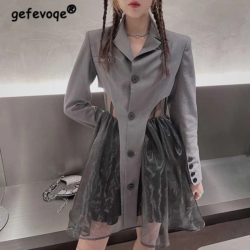 2 Piece Sets Women Y2K Harajuku Asymmetrical Long Sleeve Chic Cropped Blazer E Girls Sexy Sheer Mesh Slim Sling Fairy Midi Dress