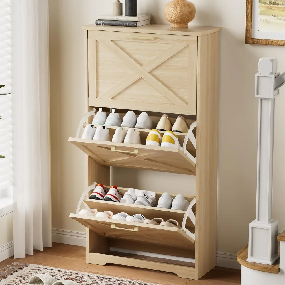 

shoe cabinet for entryway with 3 flip drawers, 3 tier freestanding, slim narrow shoe organizer cabinet for entryway, hal