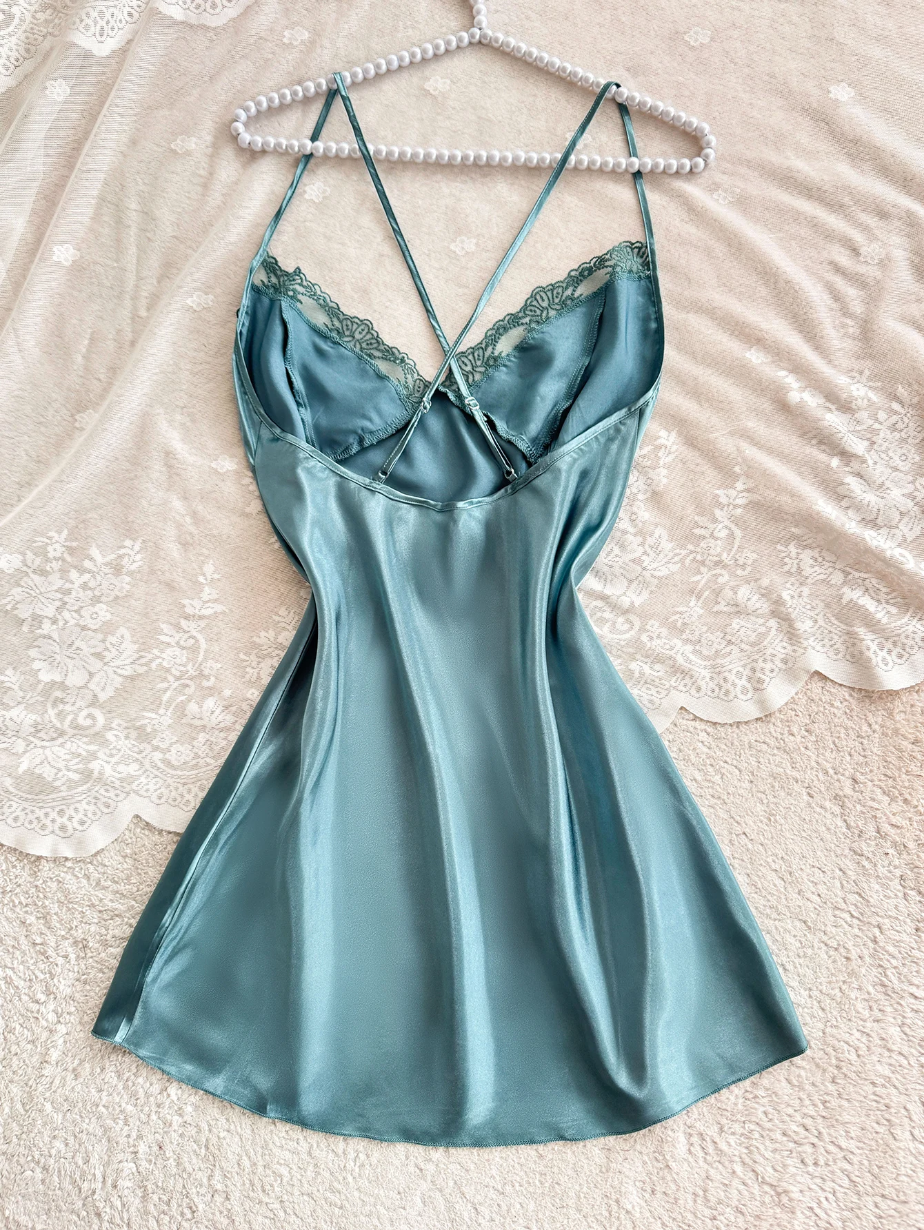 New Lace Sexy Women Nightgown with Crisscross Straps V Neck Side Slit Sleepwear for Home and Parties