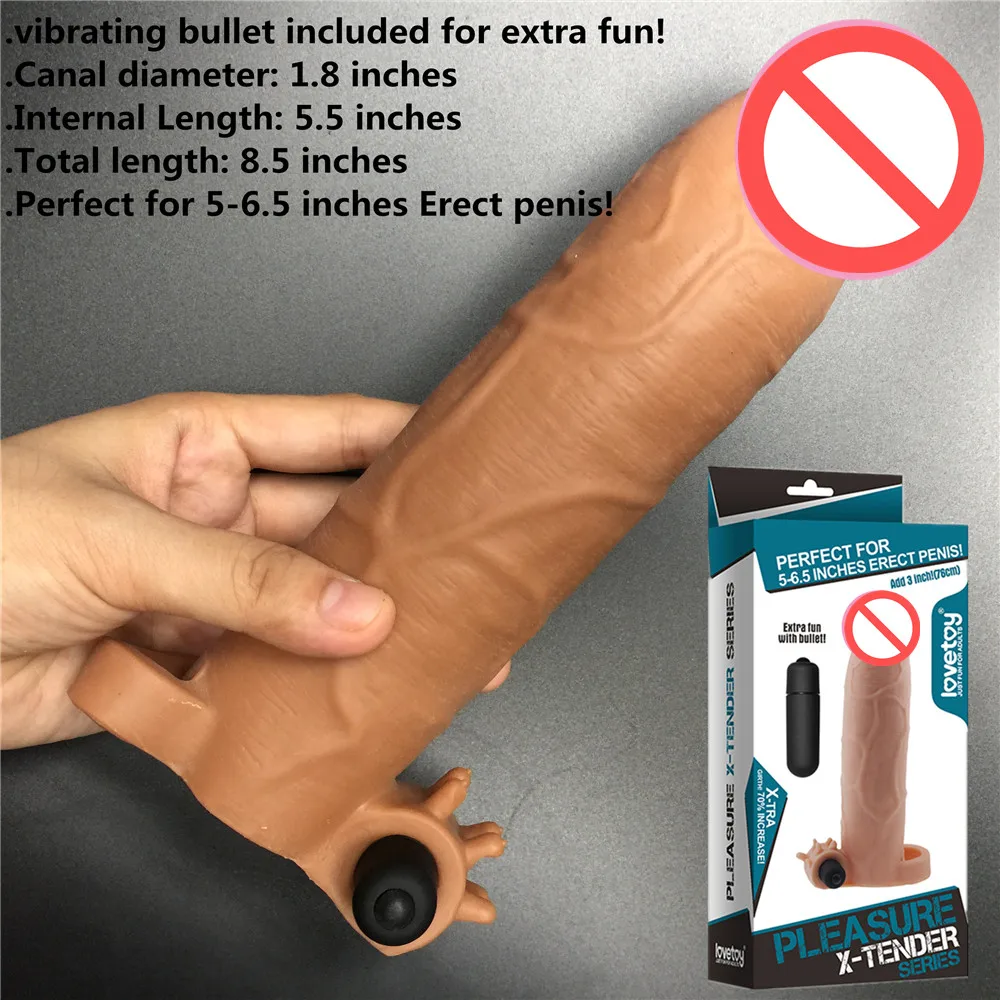 8.5\'\' Vibrating Penis sleeve Reusable condom penis extender sleeve Dildo enlargement Electric bullet Sex toy for man