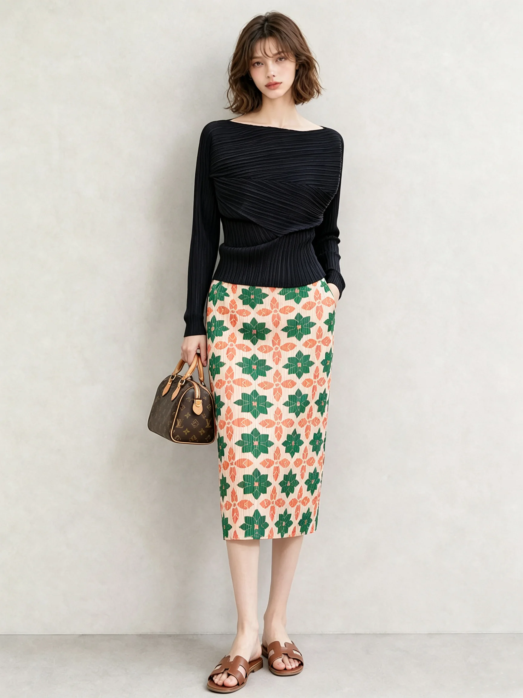 Casual Long Sleeve Printed Half Skirt Women's Design Slimming Fashion Set Three Zhae Wind Wrinkle T-shirt Polyester Fiber