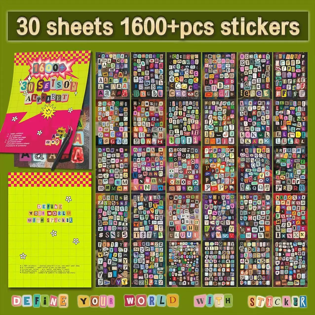 1600+pcs Alphabet & Symbol Sticker Book, 30 Pages: 26 A-Z Sheets with Upper & Lowercase, 4 Number & Symbol Sheets, Includes Twee