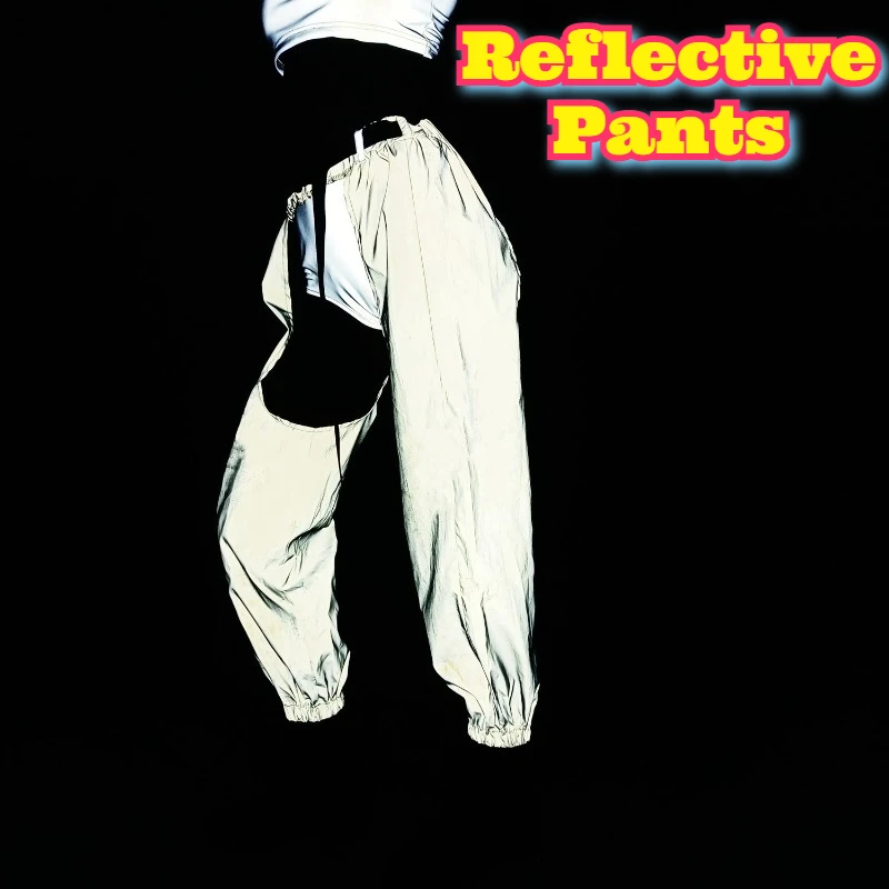 Pantalones reflectantes brillantes oscuros para mujer, pantalones holográficos sexys, ropa para discoteca de baile callejero, pantalones largos con entrepierna abierta, fiesta Rave de Hip Hop