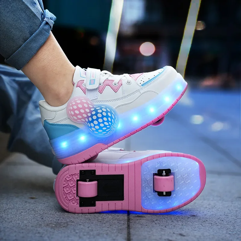 

LED Lights Wheels Shoes for Boys Girls Outdoor Skating Parkour Sneakers with 2 Wheels Skate Shoes Inline Roller Skates for Kids