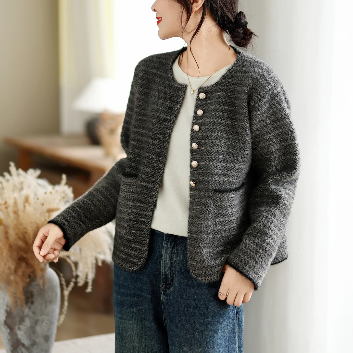 Waterproof Knitted Short Coat Soft Cozy Imitation Mink Sweater Outerwear Spring Autumn New Style Korean Loose Fit Top for Women