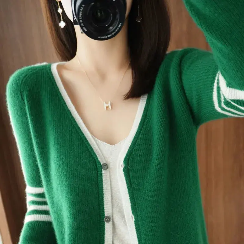 

Korean Style Contrast Color Loose Soft Sweet Single Breasted Knitted Cardigan Women Casual V-neck Long Sleeve Sweater Coats Tops