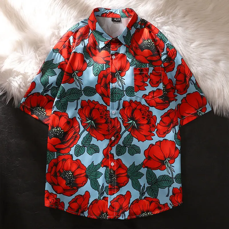 Hong Kong style retro floral all-over printed short-sleeved shirt for women summer trendy brand loose casual couple artistic