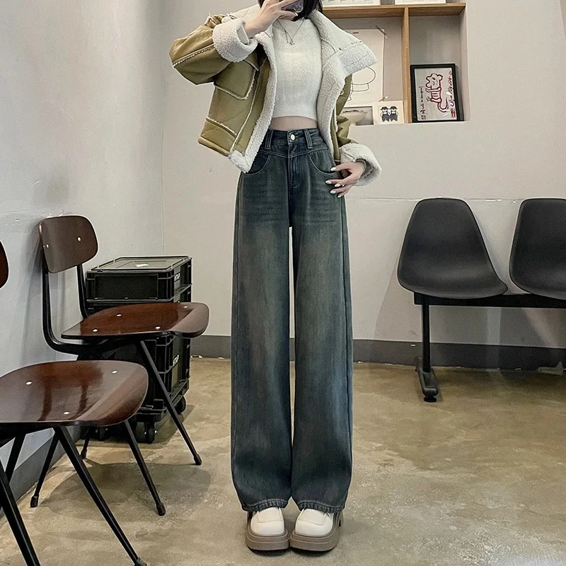 

Retro American High Waist Wide Leg Denim Jeans Women's Spring Summer Thin Hanging Loose Warm Straight Tube Pants