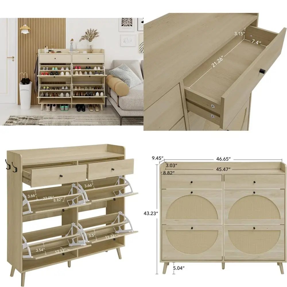 

Large Freestanding Rattan Shoe Cabinet with 4 Flip Drawers, 2 Top Storage Drawers, and DIY Hooks for Hallway Organization