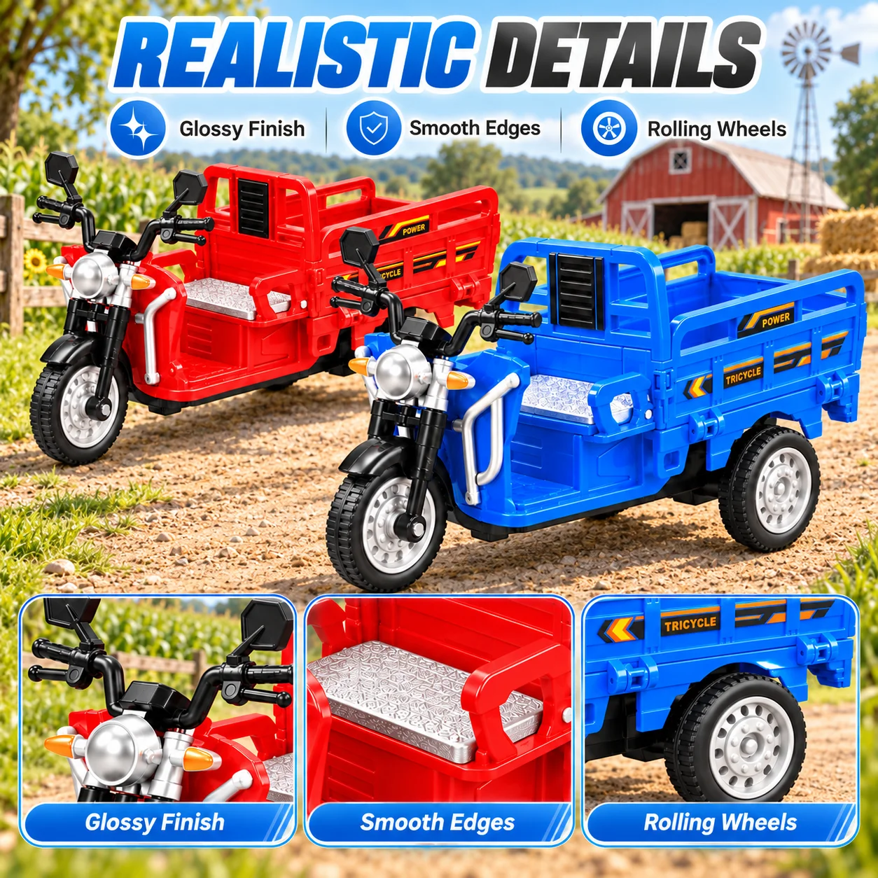 MQUDUO Three Wheel Cargo Tricycle Toy, Red Blue Farm Cargo Vehicle with Open Bed and Fold Down Tailgate, Birthday Christmas Gift
