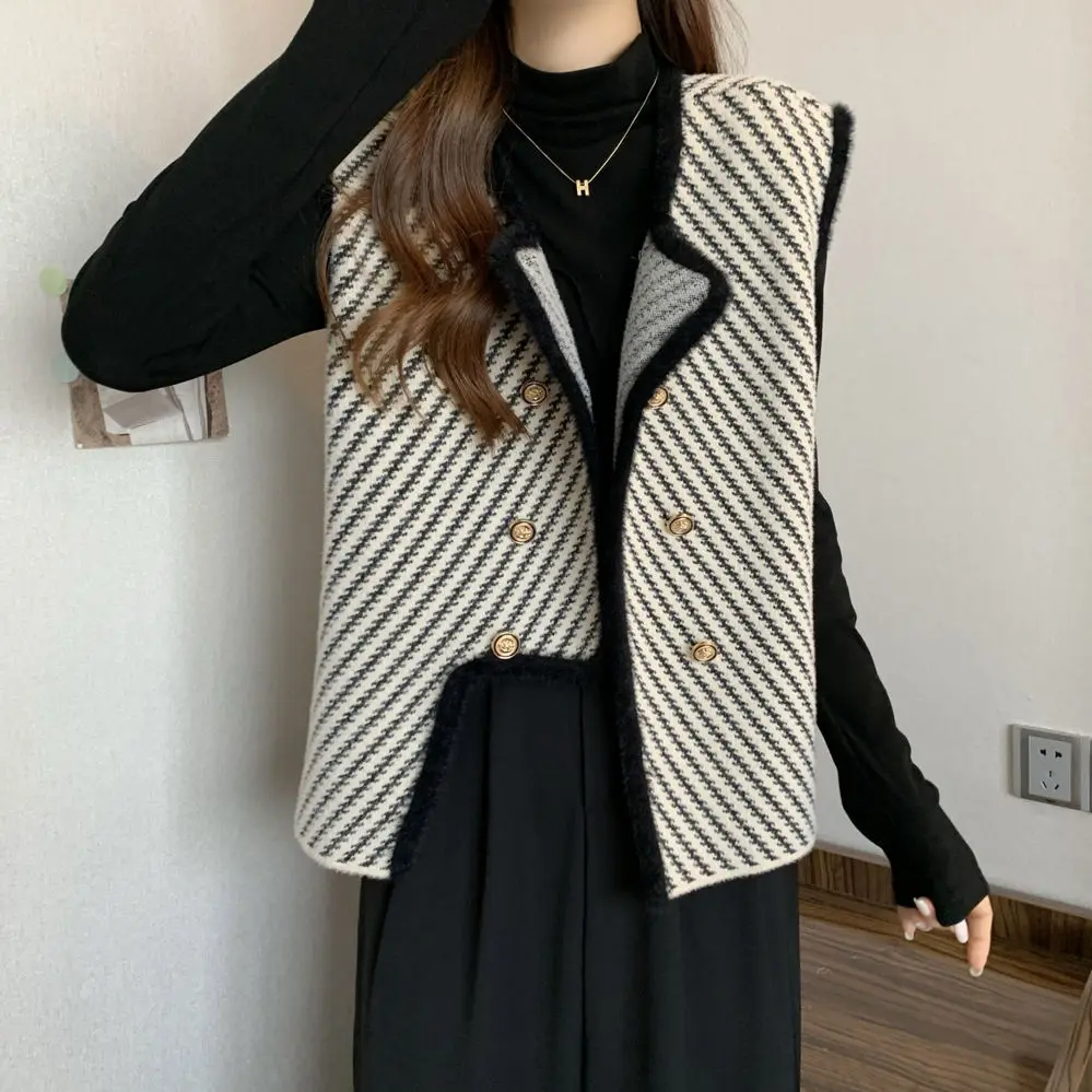 2022  large autumn and winter  velvet vest small fragrance black and white stripe vest coat thin cardigan  Button  Streetwear