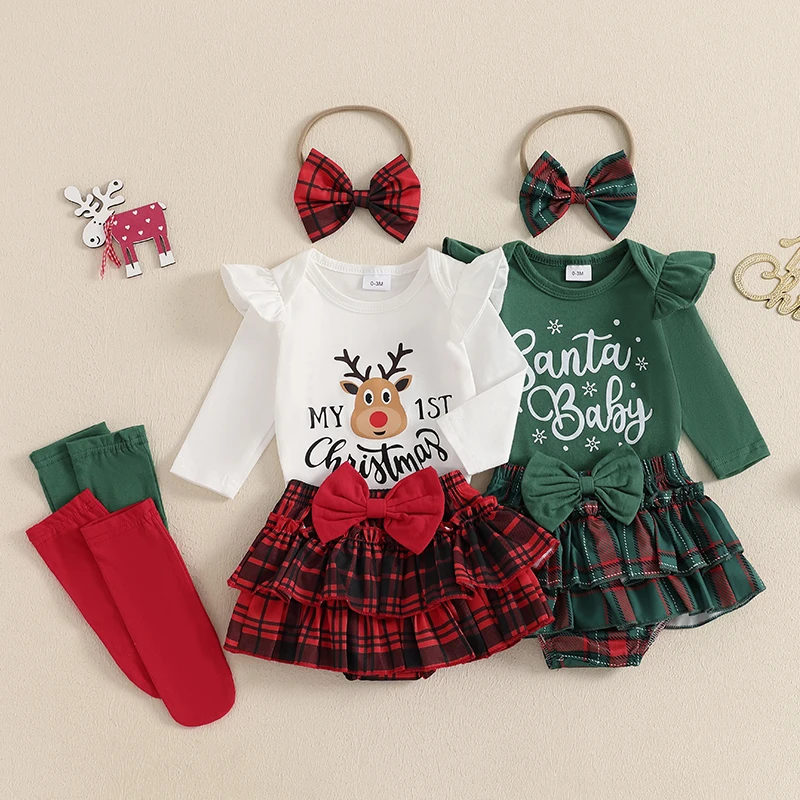 0-18M Baby Girls Christmas Outfits Set Letter Print Ruffle Long Sleeve Romper + Plaid Layered Ruffle Shorts +Bow Headband +Socks