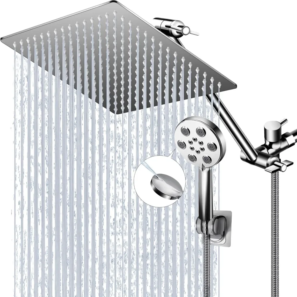 Modern 12-Inch Rain Shower Head with Handheld Spray, 11-Inch Extension Arm, 6 Settings, Anti-Leak, Built-in Power Wash