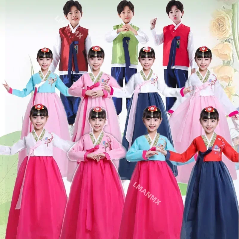 Kinder Hanbok Mädchen Junge Koreanisches Tanzkostüm Ethnische Minderheiten Performance Kostüm Männer Frauen Hanbok Nationalkostüm Kinderkleid