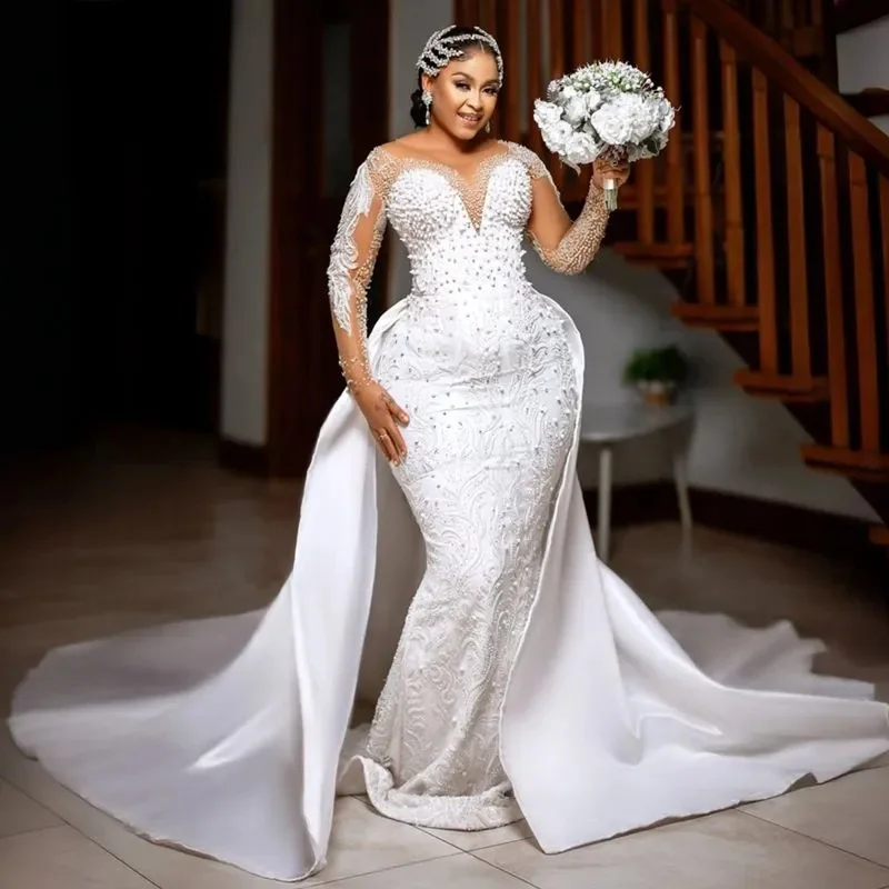 

Customized Plus Size Mermaid Wedding Dress Bridal Gowns for Bride Illusion Detachable Train Long Sleeves Beaded Lace Pearls