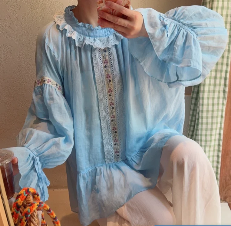 Spring Autumn Fashion Ethnic Style Elegant Embroidery Lace Loose Shirt Sweet Versatile Lantern Sleeve Cotton Linen Women's Top