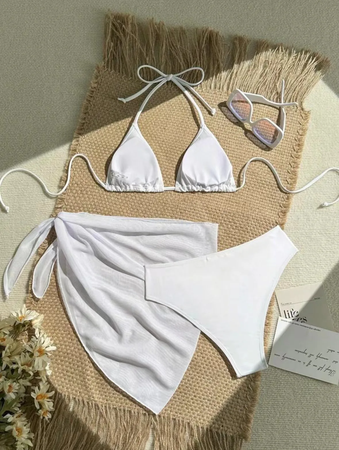 Conjunto de bikini sexy liso en blanco y negro de 2 colores con lazo halter, 3 uds. Con falda cubierta, traje de baño, trajes de playa, biquini