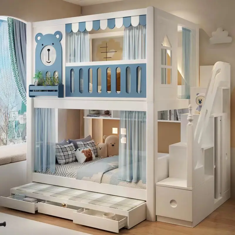 Litera infantil de madera para niña con barandilla ancha y alta con tobogán Pequeño apartamento Cama casita del árbol del castillo