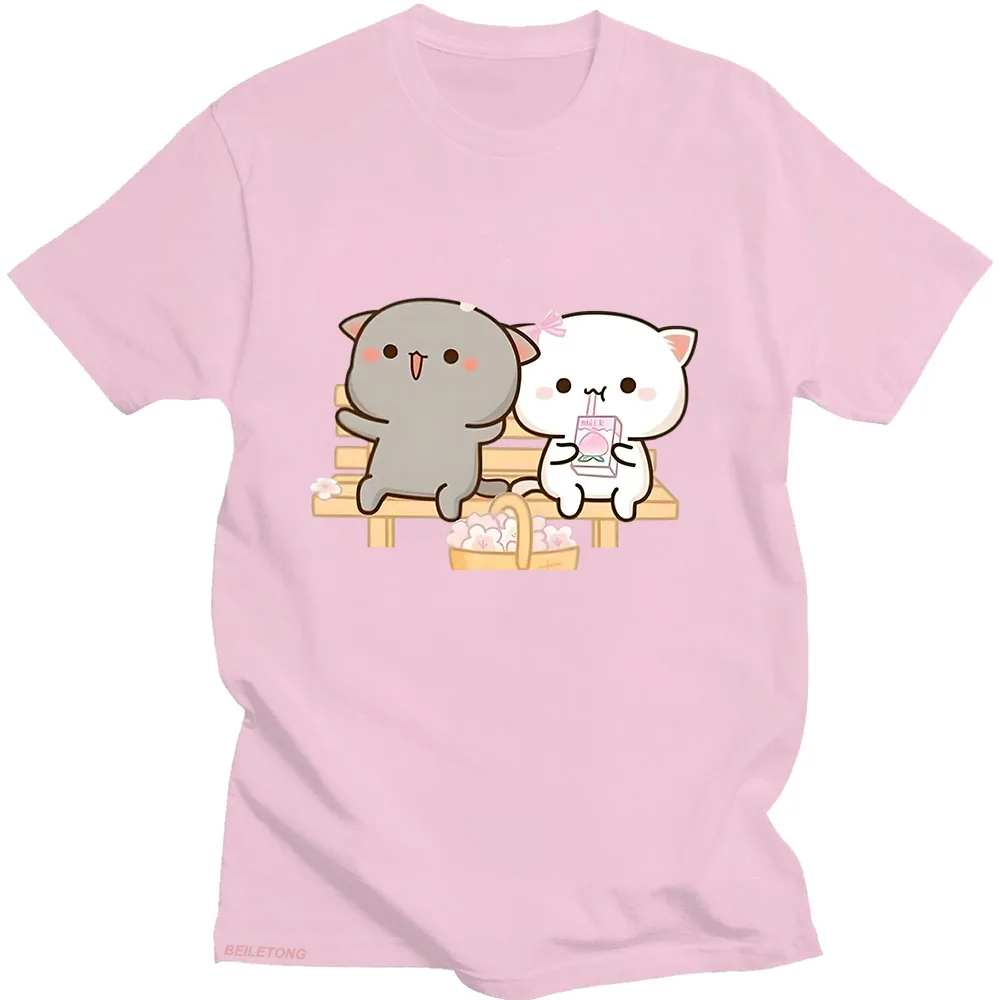 Peach Mochi Cat Emoticon Sakura T-shirts WOMEN 100% Cotton High Quality T Shirts Kawaii/Cute Cartoon Tshirts Short Sleeve Summer