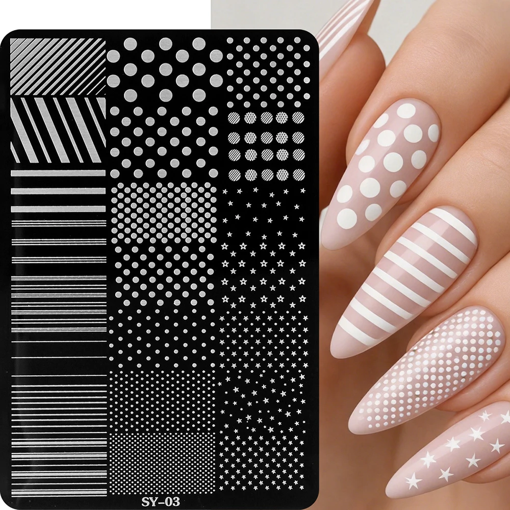 1pcs Millennial Polka Dots Stripes Nail Stamping Plate Mixed Size Polka Dots Stars Twill Nail Plate Y2K Stainless Steel Stencil