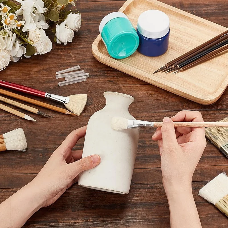 12Pcs Pottery Glaze Brushes Wooden Watercolor Wool Hair Sector Painting Brushes For Drawing Artists Painting Calligraphy
