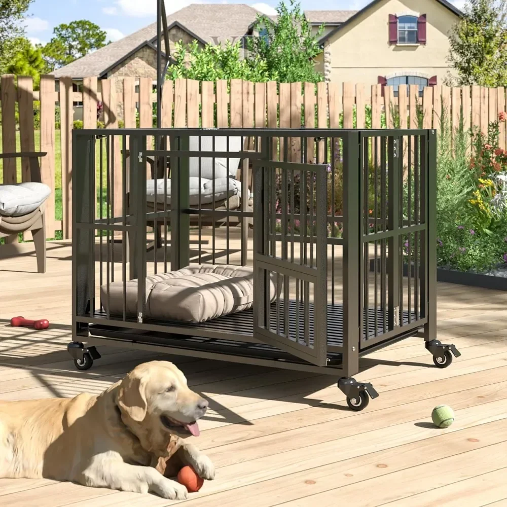 Heavy Duty Dog Crate, Folding Dog Kennel, Escape Proof Large Dog Cage Kennel with Lockable Wheels, High Anxiety Pet Playpen