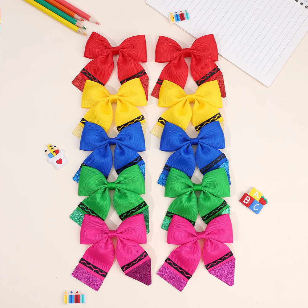 36pcs Kids Hair Clips Crayon Bow with Long Tassel Pencil Print Girls Barrettes Bow Pattern Hairpins for Back to School Headwear