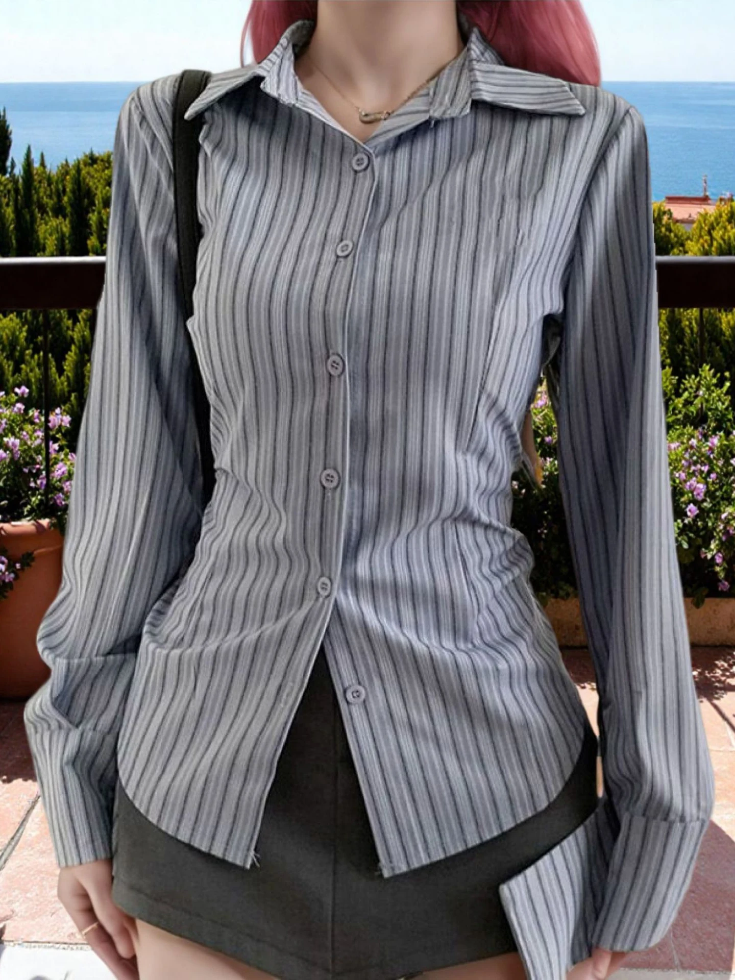 

Slim Fit Blue Striped irt Women's Early Autumn New Sle ort Collar Button up Korean Sle Commute Wind Faionable Top