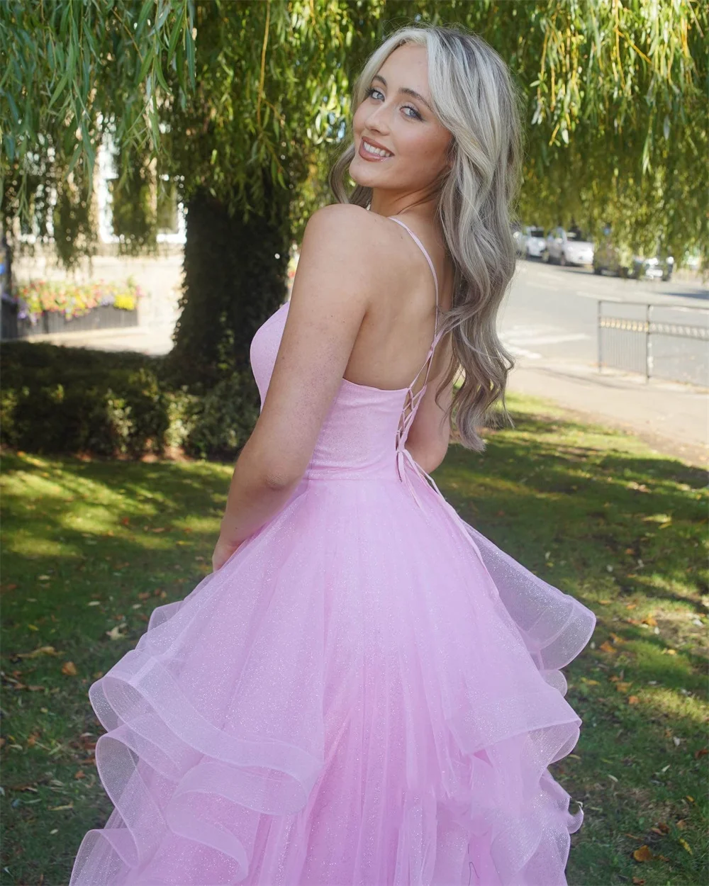 Annie-vestido De fiesta rosa para mujer, Vestidos De Noche De tul con volantes y purpurina, ocasiones formales De boda