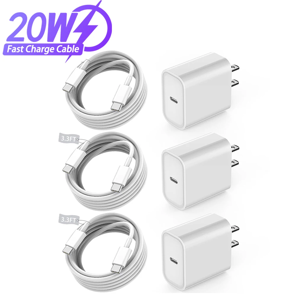 1-3Set 20W US Porta USB C Caricatore rapido per iPhone 16 15 Pro Max Plus Samsung 3.3 Ft/1M USB C a Tipo C Cavo di ricarica Accessori