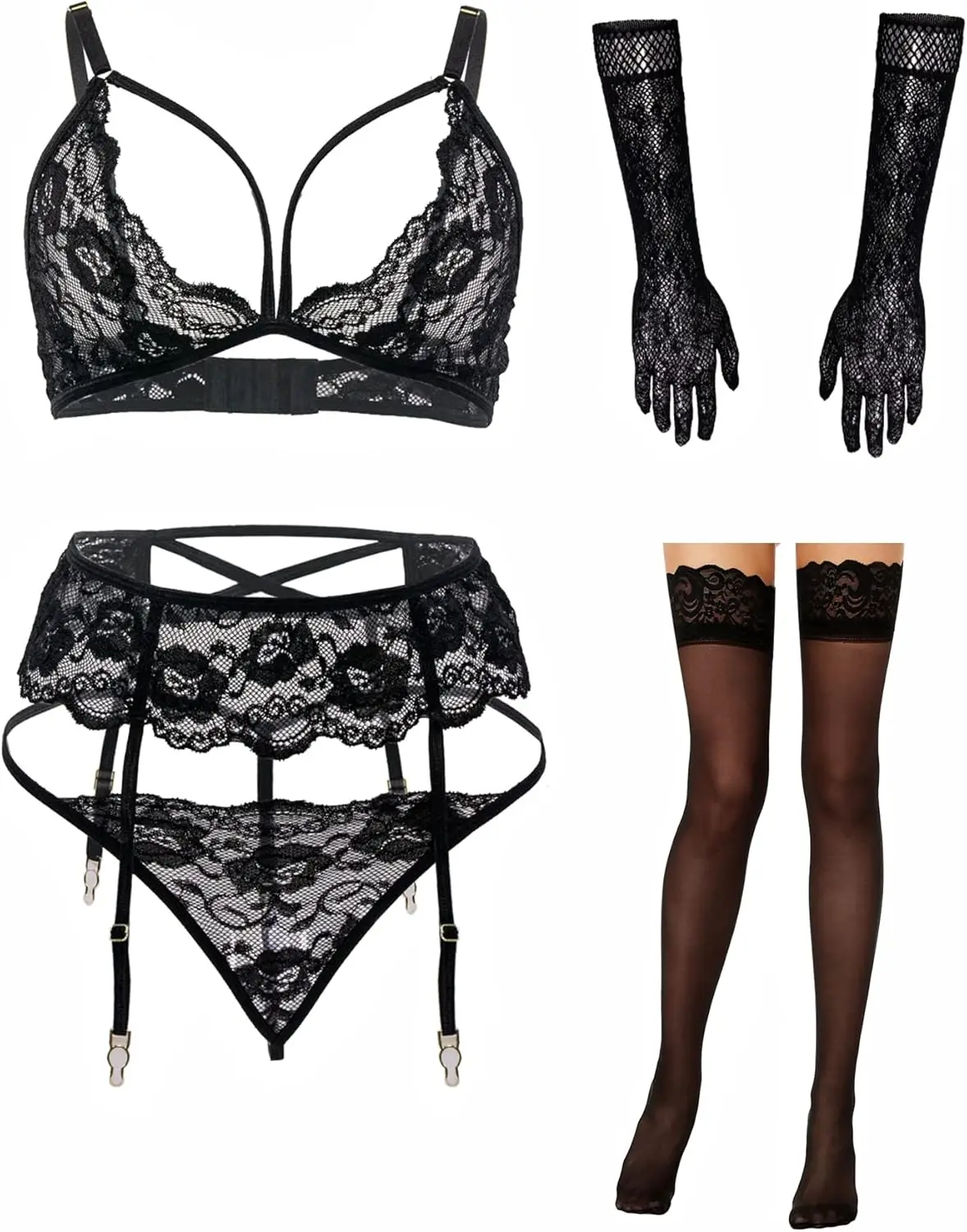 

Women Lingerie with Stockings and Gloves Garter Belt Lingerie Set Ultra Sexy Adult Female Sets Sexy Night Black Lace Bodysuit